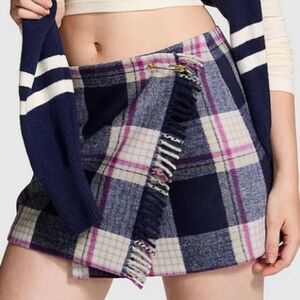 Midnight Navy Blue Tartan Fringe Mini Skirt